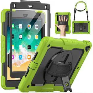 SEYMAC for iPad 6th/5th Generation Case 9.7 Inch, Full-Body Shockproof Heavy Duty Protective Case with Screen Protector, Rotating Stand/Hand/Shoulder Strap for iPad Air 2/ Pro 9.7, Green