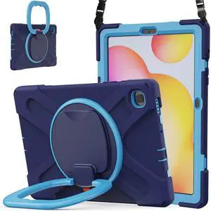 360 Rotation Case for Samsung Galaxy Tab S6 Lite 10.4" Sturdy Cover Rotate Ring Stand Shoulder Carrying Strap Hand Strap Rugged Children Adults Outdoor Case (Navy+Blue)
