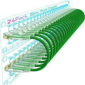 Sokqovt Cat6a Patch Cables Slim 15ft (24 Pack), Flexible Ethernet Cable 10G 550MHZ, 28AWG Pure Copper Cat6 for Network Cabinet, Green