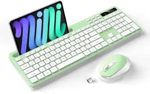 Wireless Keyboard and Mouse Combo, Soueto 2.4G Full-Sized Computer Keyboard with Phone Tablet Holder, 22 Multimedia Shortcuts, Numeric Keypad, 6 Button Silent Mouse for Windows, Mac (Light Green)