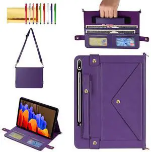 Handbag Case for Samsung Galaxy Tab S8 Plus/S7+/S7 FE 12.4", Techcircle Folio Stand Crossbody Wallet Case with S Pen Holder+Card Slots Thin Pocket, Built-in Hand Strap+Removable Shoulder Strap, Purple
