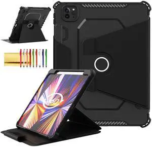 Rotating Case for iPad Pro 11" 4th/3rd/2nd Gen, iPad Pro 11 Smart Cover with Pencil Holder, Techcircle Hybrid TPU+PC Magnetic Cover Soft Bumper Slim Fit Folio Shockproof Protective Case-Black