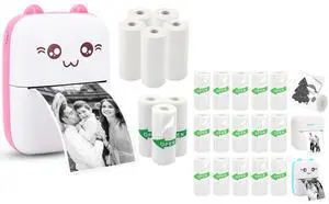 Vicbear Mini Pocket Printer Set with 8 Rolls Printing Paper + 15 Rolls Thermal Sticker Paper Set, Pink