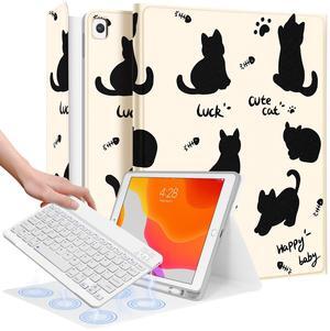 Wazzasoft for iPad 9th/8th/7th/Air 3rd Generation/Pro 10.5 Inch Case Keyboard Pencil Holder Folio Tablet Cover Women Girl Cute Girly Teen Kawaii Black Cat Unique Design for Apple 10.2 & 10.5 Inch