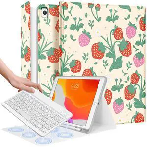Wazzasoft for iPad 9th/8th/7th/Air 3rd Generation/Pro 10.5 Inch Case Keyboard Pencil Holder Folio Tablet Cover Women Girl Cute Girly Teen Kawaii Unique Design Strawberry for Apple 10.2 & 10.5 Inch