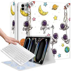 Wazzasoft for iPad Pro 13 inch Case 2024 M4 with Keyboard - Pencil Holder Folio Tablet Cover Women Girl Cute Kawaii Astronaut Unique Design for Apple Pro 13 A2925 A2926 A3007