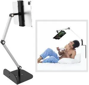 WEGASTU Phone and Tablet Holder for Bed,Sofa and Desk Dual Use-Weight Base, Adjustable Arm Stretchable Stand, Compatible with IPad Mini Air Pro, Galaxy Tab, Kindle, Switch, Phone - Silver