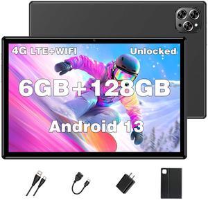 Tablet Android Tablets 10 Inch, Octa-Core Android 13 Unlocked Tablet with SIM Card Slot, 128GB ROM+6GB RAM, 5MP+13MP Camera/5G WIFI GPS/BT/6000mAh/1280*800 IPS Screen/Cellular Tablet with Case (Black)