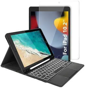 SaharaCase for iPad 10.2" (9th Generation 2021) Protection Kit Bundle - Keyboard Case with Mouse Pad with Tempered Glass Screen - Black