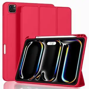 ZryXal New iPad Pro 13 Inch Case M4 (2024 Model, 7th Generation) with Pencil Holder, Smart iPad Case [Support Pencil Pro and Pencil (USB-C)], Support Touch ID and Auto Wake/Sleep (Red)