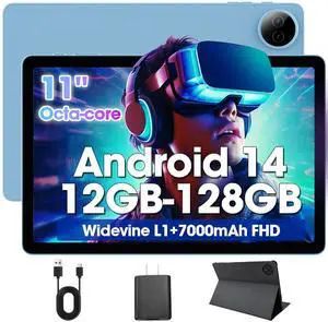 2025 Android 14 Tablet 11 inch Gaming Tablets,MediaTek Helio Octa-Core HD ISP Display Blue Android Tablet 12GB RAM+128GB Storage,Widevine L1,WiFi 6,7000mAh