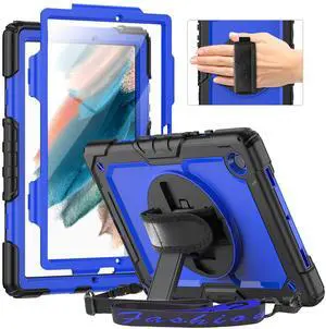 Timecity Case for Samsung Galaxy Tab A8 10.5 Inch 2022 (SM-X200/X205/X207) Full Body Protective Case with Screen Protector Rotatable Kickstand Handle/Shoulder Strap Case for Galaxy Tab A8, Dark Blue