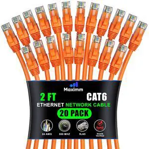 Maximm Cat 6 Ethernet Cable 2 ft (20-Pack) - High-Speed LAN Cable, Internet Cable, Patch Cable, and Network Cable - UTP, 10Gbps, 550MHz Ethernet Cord - Orange
