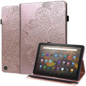 Dteck Case for All-New Fire HD 10 Tablet 11th Generation 2021 & Fire HD 10 Plus - Slim Folio Stand Premium Embossed Mandala Leather Protective Smart Cover with Auto Wake Sleep, Rose Gold
