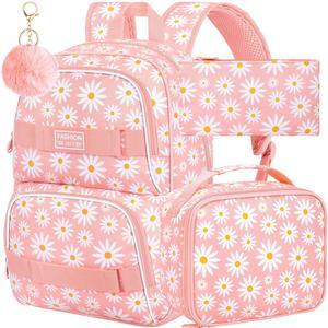 AGSDON 3PCS Daisy Girls Backpack, 17 Inch Laptop School Bookbag Teen College Water Resistant Kids Backpacks with Lunch Box Set - Pink