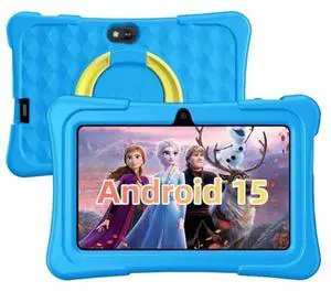 Kids Tablet, 7 inch Android 15 Tablet for Kids, 8GB+32GB 1TB Expand, Quad-Core Toddler Tablets with Shockproof Case, BT5.0, WiFi 5, Parental Control, Games, Dual Camera (Sky Blue)