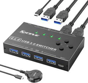 4 Port USB3.0 Switch, USB Switcher 4 Computers Share 4 USB Devices, for Printer Scanner Keyboard Mouse Switch, USB-A Switch with Power Cable, 4 USB Cables and Wired Control