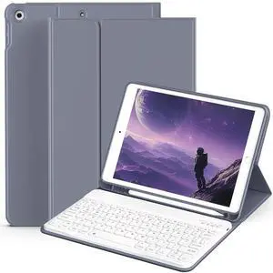 Aoub Keyboard Case for iPad 9th/8th/7th Generation 10.2 Inch (2021/2020/2019) Detachable Wireless Bluetooth Keyboard, Stand Folio Keyboard Cover with Pencil Holder, Auto Sleep/Wake, Purple Gray