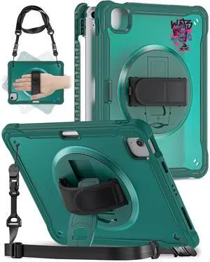 BADGEYUE for iPad Air 5th/4th Generation Case 10.9 inch (2022/2020), iPad Pro 11 inch (4th/3rd/2nd/1st Gen) Clear Cover with Pencil Holder, 360deg Rotate Stand&Hand Strap/Shoulder Strap (Dark Green)