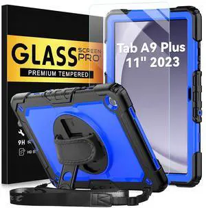BLOSOMEET Blue Case for Samsung Galaxy Tablet A9 Plus 11 Inch 2023 with Tempered Glass Screen Protector, Pencil Holder, Kickstand, Hand Strap,Shoulder Strap