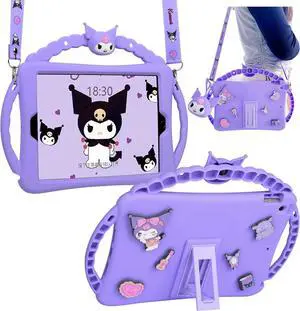 Carechoi for iPad 9th 8th 7th Generation Case, iPad 10.2 inch Case with Wallet Kickstand Shoulder Straps Handles Cute Cartoon Soft Silicone Tablet Cover for Kids Girls Boys (Purple)