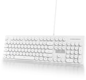 Ussixchare Full Size Wired Computer Keyboard, Quiet Typewriter Keyboard with Retro Round Keycaps, LED Backlit, Membrane, 104-key for PC, Laptop(White)