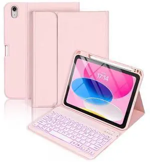 CHEEOKUO Folio Keyboard Case for iPad (A16) 11th Generation 11 Inch (2025), iPad 10th Generation 10.9 Inch (2022), Wireless Detachable Keyboard, 7-Color Backlight, Pencil Holder (Light Pink)