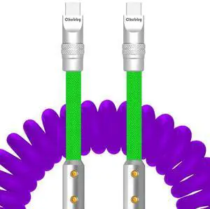 ChubbyCable Colorblock Chubby - Spring Braided Silicone Charge Cable, Coiled USB C Cable, Fast Charging Type C Charger Cord for Car, Purple+Light Green, 2.29FT-3.6FT