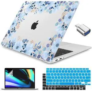 Conbovo Compatible with MacBook Air 13 inch M1 Case Model A2337, 2018-2021 A1932 A2179 Plastic Hard Shell Case & Keyboard Cover & Screen Protector & USB C to USB 3.0 Adapter, Blue Flowers