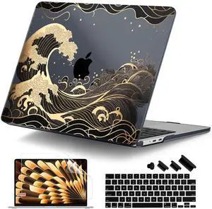 DONGKE Compatible with M4 MacBook Air 15 inch Case 2025 2024 2023 A3241 A3114 A2941 M3 M2 Liquid Retina Display Touch ID, Plastic Hard Case & Keyboard Skin & Screen Protector - Sea Waves