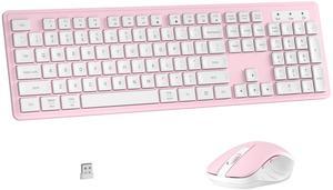 MPTOG Wireless Keyboard and Mouse Combo, Full-Size 104-Key Office Keyboard with 15 Function Keys, Numeric Keypad, Single USB Receiver, Compatible with PC and Laptop(Pink White)