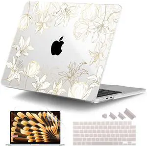 DONGKE for M4 MacBook Air 13.6 Inch Case 2025 2024 2023 2022 Model A3240 A3113 A2681 M3 M2 Chip, Plastic Hard Shell Case Cover with Touch ID for MacBook Air 13 Inch M4 - Golden Floral