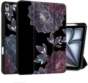 DONGKE for iPad Air 13 Inch Case M3 2025, M2 2024 - [Built-in Pencil Holder] Slim Trifold Stand Shockproof Protective Cover with Soft TPU Back Support Auto Sleep/Wake - Elegant Flowers