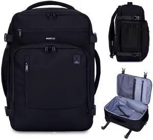 ECOHUB 17" Small Travel Backpack, United Airlines Personal Item Bag 17x10x9 with 16 Pockets, Water Resistant Rucksacks Fit 15.6" Laptop, AirTag Pocket, Lightweight Casual Daypack, 25L, Black