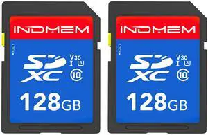 INDMEM 128GB SD Card 2Pack, C10, U3, V30, High Speed up to 90M/S, SDXC UHS-I Memory Cards, Full HD & 4K Video Compatible with Digital Camera, HD Camcorders, DSLR and PC, 128GB(2 pc)