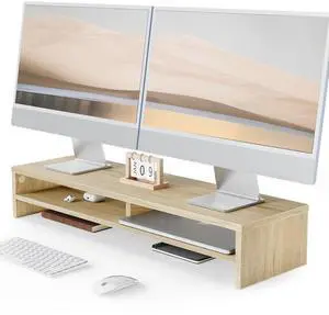 Fenge Monitor Stand, 31.5 Inch Computer Monitor Riser for Desk, 2 Tiers Wood Desk Shelf with Storage, Desktop Organizer for PC, Laptop, Screen, Printer