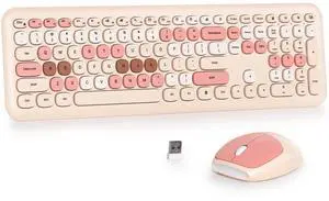 Fogruaden Quiet Wireless Keyboard and Mouse Combo, 2.4GHz Retro Cute Typewriter Full-Size Colorful Brown Beige Keyboard, Slim Design, Low-Noise Typing for Home, Office, Windows PC, Laptop