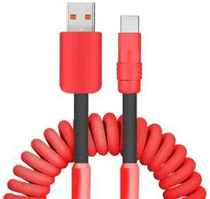 GentsStride Curly Chubby New Spring Charge Cable Spiral Braid Fast Charging Cable Phones Tablet Coiled USB C Charger Cable Cord USB-C to USB A Cable, Red+Black+Red USB-A to Type-C, 2.29FT-3.6FT