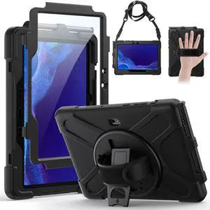 Gerutek Case for Samsung Galaxy Tab Active4 Pro 2022/Tab Active Pro 2019 10.1", Heavy Duty Shockproof Drop Protection Case with Screen Protector Pencil Holder 360deg Rotating Stand Handle Strap, Black