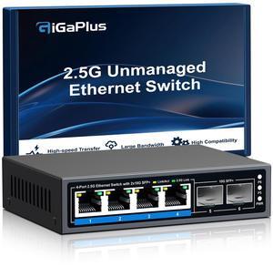 GiGaPlus 6 Ports 2.5Gb Unmanaged Ethernet Switch with 4* 2.5G Base-T Ports, 2* 10G SFP+ Ports. 2.5Gbps Network Switch for 2.5Gbps NAS/PC, WiFi6 Router, Wireless AP. Fanless Design, Plug and Play