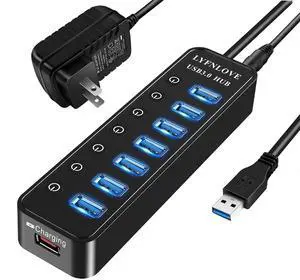 LYFNLOVE Powered USB Hub 3.0 Extender, Multiple Port Hub Splitter for Laptop PC with Power Adapter and 1 Charging Port, USB Expander with On/Off Switches for MacBook, iMac, Surface Pro