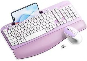 Wireless Keyboard and Mouse Combo, Wave Keys Computer Ergonomic Keyboard with Cushioned Plam Rest, Phone Holder, 2.4GHz Silent 6 Button Wireless Mouse Set for Laptop, PC, Windows, Mac (Purple)