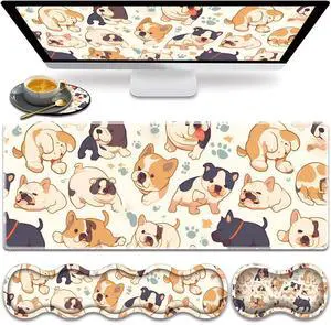 Large Gaming Mouse Pad, Keyboard Wrist Rest Pad + Mouse Wrist Pad + Coaster 4 in 1 Set, Extended Waterproof Non-Slip Desk Mat, Suitable for Office Home Learning Games, Bulldog