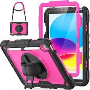 HXCASEAC Case for iPad (A16) 11th/10th Generation 2025/2022, with Pencil Holder, Screen Protector, Hand Strap, Heavy Duty Protective for iPad 10 Case/ 11-inch A2696/A2757/A2777/A3354/A3355, Rose