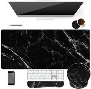 iDonzon 4 in 1 Extended Gaming Mouse Pad (35.4x15.7 inch 3mm Thick)& Ergonomic Mouse Pad Wrist Support& Keyboard Wrist Rest Pad Set with Coaster, Desk Mat with Non-Slip Rubber Base, Black Marble