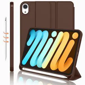 iMieet iPad Mini 7 Case 2024 (A17 Pro), iPad Mini 6 Case (8.3-Inch,2021 Model), iPad Mini 7th/6th Generation Case with Pencil Holder, Trifold Stand Smart Case with Soft TPU Back,Chocolate