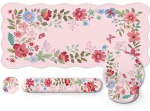 iLeadon Pink Floral Desk Mat Sets for Women Office,Large Computer Mouse Pad Mat for Desk,Ergonomic Keyboard Pad,Extend Cute Desk Mat+Cup Coaster with Non-Slip Base for Home Office