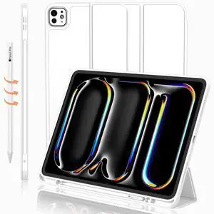 iMieet iPad Pro 13 Inch Case M4 (2024) with Pencil Holder, [Support Pencil Pro and Pencil (USB-C)]Trifold Stand Smart Case with Soft TPU Back, Auto Wake/Sleep (White)