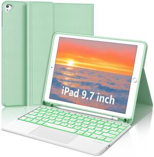 for iPad Keyboard case 9.7 inch, iPad 6th Gen (2018), iPad 5th Gen (2017), iPad Air 2 (2014), Multi-Touch Trackpad, Detachable Backlit Folio Keyboard Slim Cover with Pencil Holder,Green