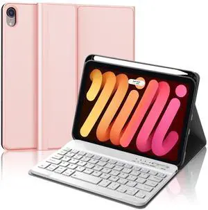 Keyboard Case for iPad Mini 7th (A17 Pro, 2024) / Mini 6th Generation 8.3 Inch, Detachable Magnetical Bluetooth Wireless Keyboard, Slim Case with pencil Holder, Rechargeable Foldable(Rose Gold)